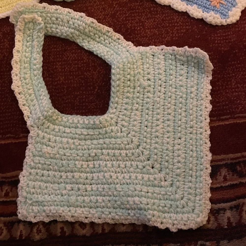 Five Crocheted Baby Bibs, Yellow/White; Green; Blue/White w/ Pink Flowers